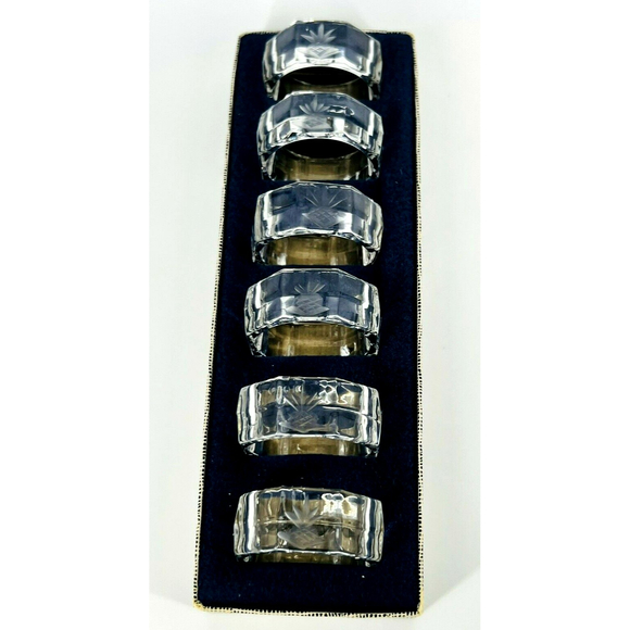 6 Beyer Lead Crystal Napkin Rings Germany Octagon Shape w/Etched Pineapples - Picture 2 of 6